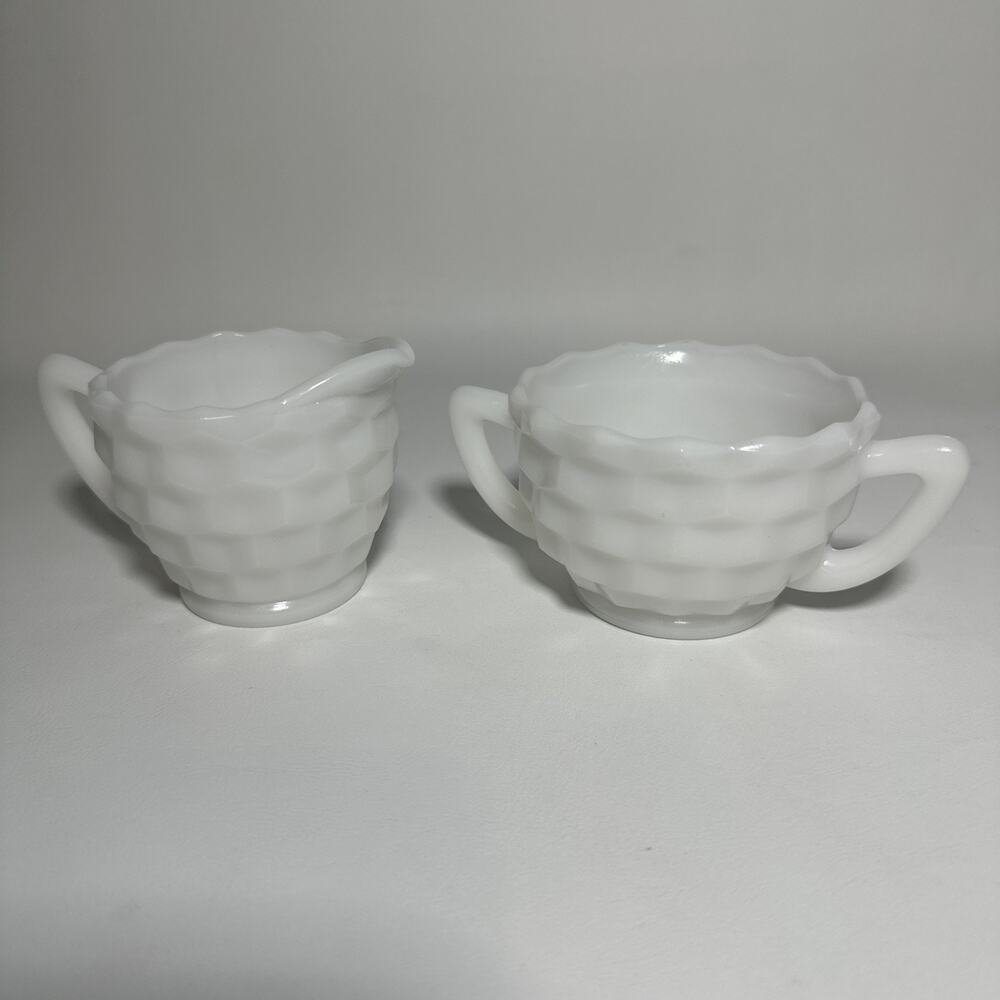 Hazel-Atlas Vintage Cubist Opaque Milk Glass Creamer and Sugar Bowl Set Vintage